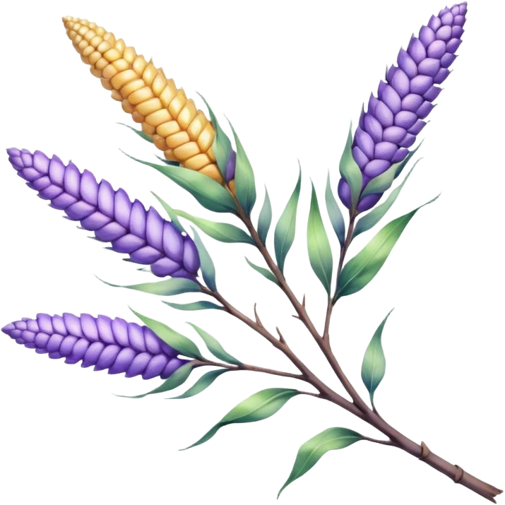 The art style is clean line art with delicate watercolor textures, pastel colors, and a dominant palette of lavender, soft lilac, and muted purple. Let the branch be more elongated and have short branches on it like ears of corn. emoji