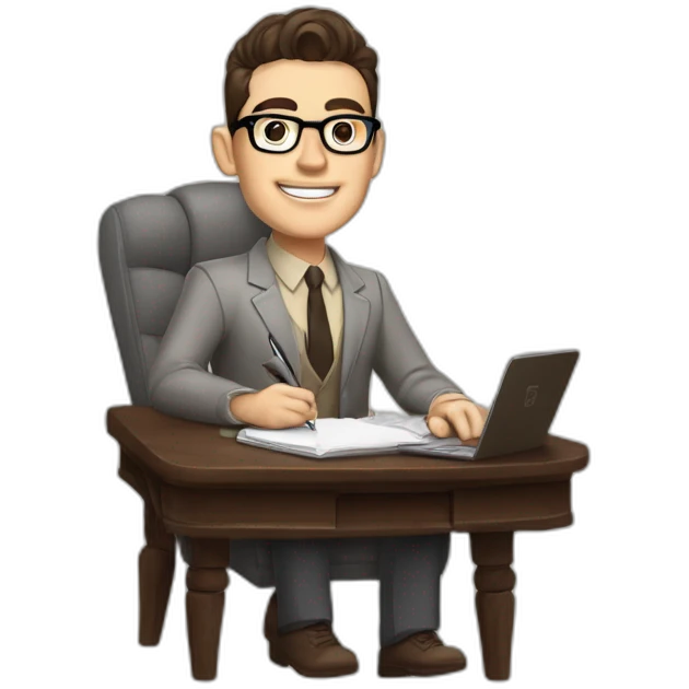 Pale skinned Fit Man With dark brown hair in gray jacket, beige office shirt and vintage glasses sitting In a soft chair with a notebook with emblem Ψ and a pen in his hands emoji