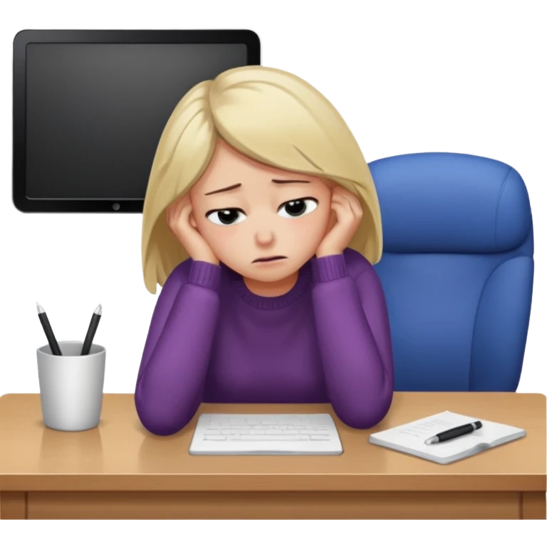 A woman wearing a jumper experiencing burnout, exhausted and overwhelmed, tired eyes, slumped posture, sitting at a desk, iOS emoji style emoji