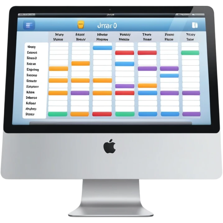 front-facing iMac showing a day schedule with vertical hours and horizontal client slots, several slots filled with color to indicate bookings emoji