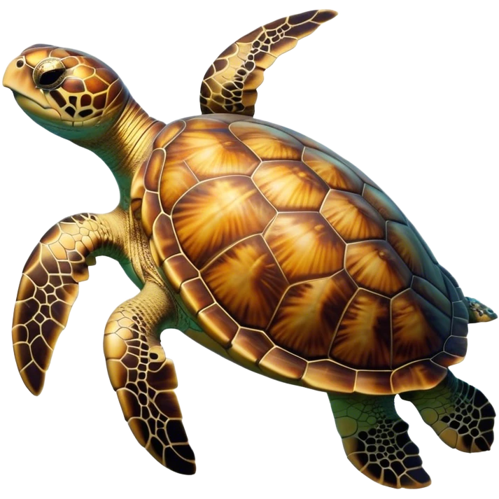 Cinematic Noble Sea Turtle Portrait Emoji, Poised and wise, with a majestic, domed shell adorned with rich, textured patterns and a smooth, ancient body gliding gracefully through the water, deep, reflective eyes exuding calm wisdom, Simplified yet sharp and sophisticated features, highly detailed, glowing with a soft, oceanic glow, high shine, intelligent and graceful, stylized with an air of timeless marine majesty, focused and serene, soft glowing outline, capturing the essence of a watchful and confident sea guardian that appears ready to glide out of the screen with effortless authority! emoji