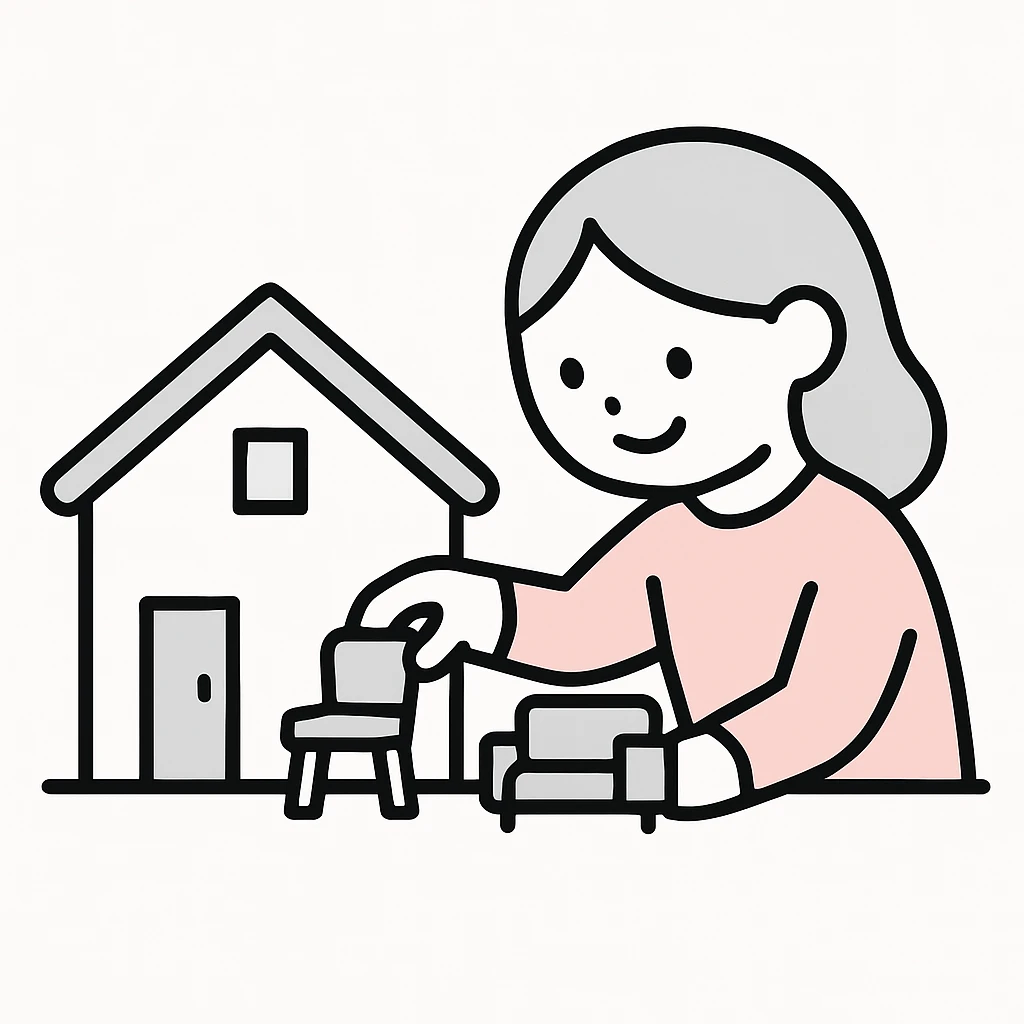 smiling girl arranging furniture in doll house emoji