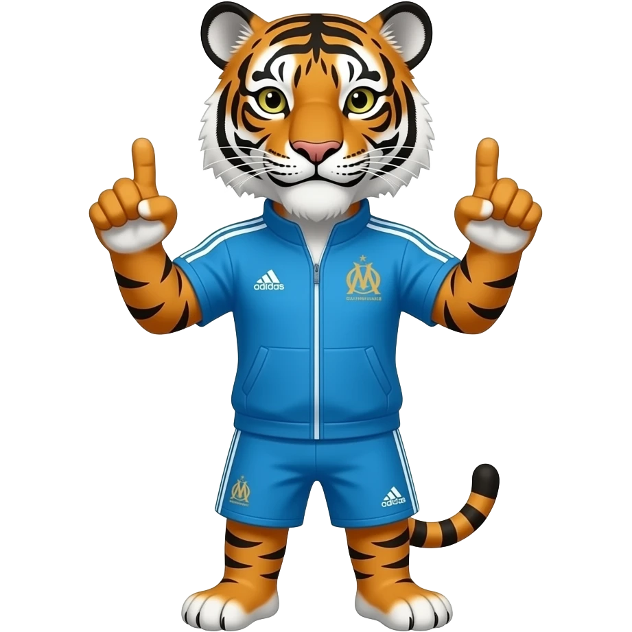 emoji tigre en survetement adidas couleur de l'olympique de marseille faisant le signe de JUL avec les deux mains emoji