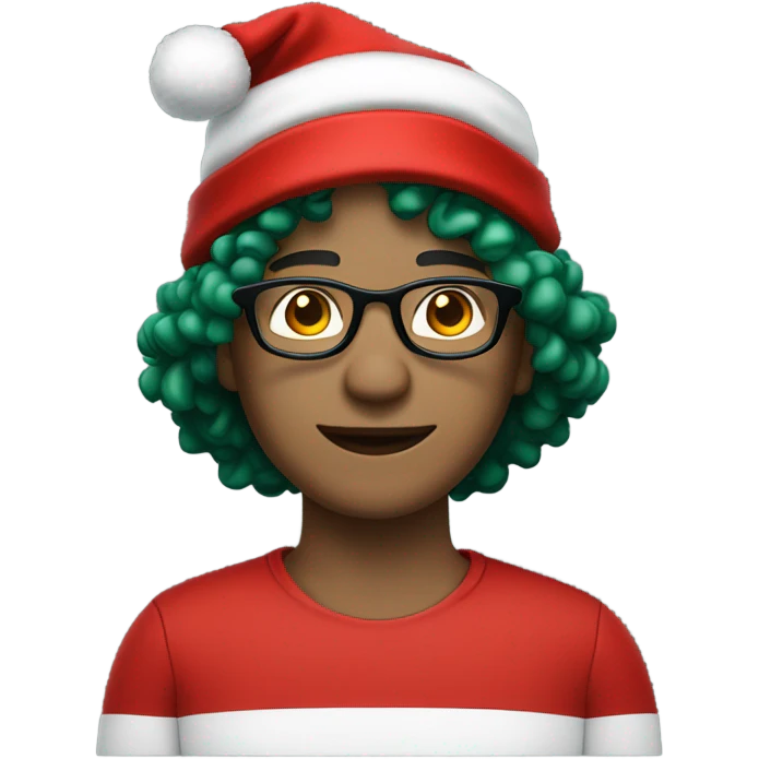 Unisex person ’light skin’ ’short curly dark green hair’ in a ’red Santa hat’ and black tshirt and round glasses  emoji