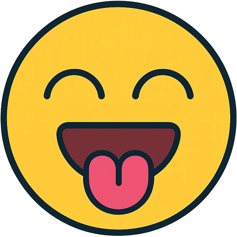 excited emoji with closed eyes, open mouth, tongue up to top lip, icon style emoji