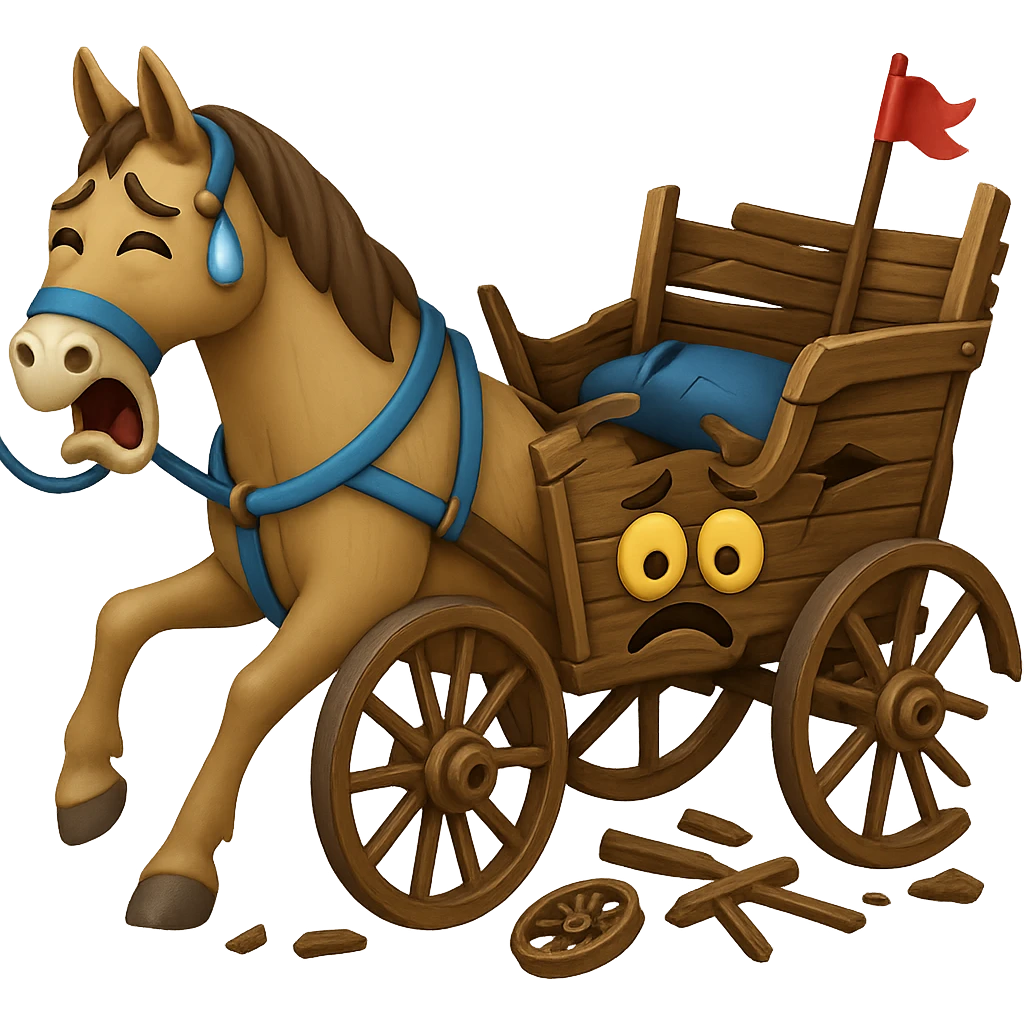Make the horse cart look broken and add funny, exaggerated emoji expressions to the horse and cart. Keep the style consistent. The style is emoji style. Keep the background transparent. emoji