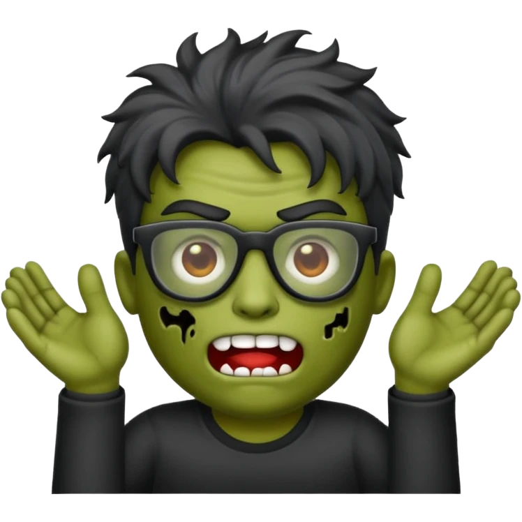 Crie um zumbi estilo emoji do iPhone com cabelo ondulado grande masculino com camiseta preta e óculos de grau preto emoji