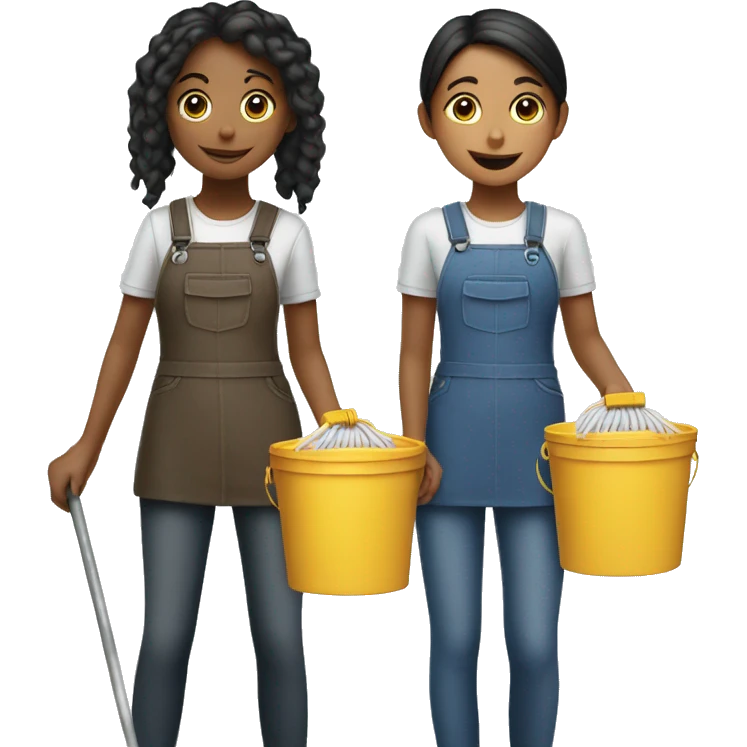 Two girls standing back to back holding mops ad buckets emoji