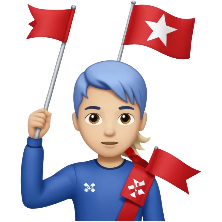 A pony tail hair boy holding a big team flag, waving it proudly with a determined expression. emoji