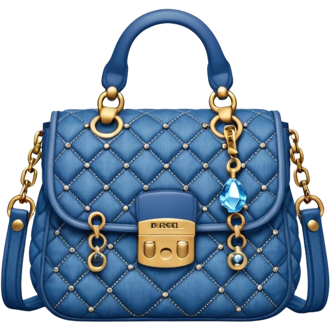 Hyperrealistic, mirco-detailed, Diesel
Denim Blue Charm-D, padded and quilted Shoulder S Bag,  with crystal cut logo charms on chain, isolated, rendering, 4k hd quailty  emoji