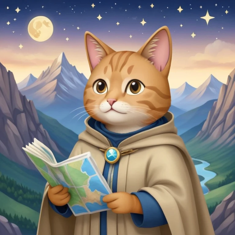Explorer cat holding a map, mountains and stars in background, wearing light explorer clothing with flowing cloak, looking into distance emoji