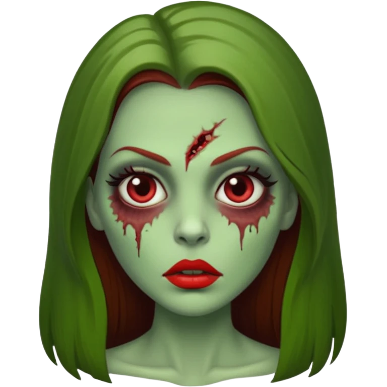 Zumbi feminino, de pele verde, cabelo longo liso e castanho. Labios vermelhos, rosto oval e cilios grandes emoji