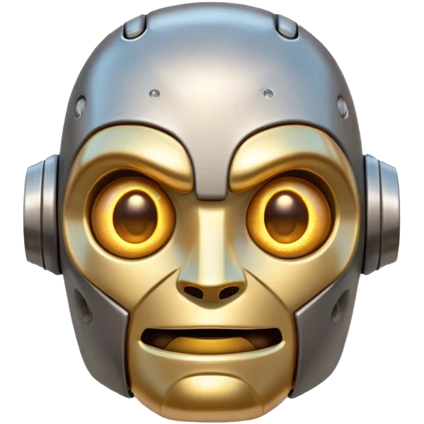 Cinematic Cute Mighty Iron Golem Portrait Emoji Head tilted playfully and inquisitively, featuring a sleek yet sturdy metal form with smooth, polished steel plating and glowing golden engravings, accented by faintly humming energy veins that pulse with life; rendered with lifelike clarity and soft, natural reflections, high shine, charming yet robust, styled with a touch of whimsical fantasy, soft glowing outline, capturing the essence of a watchful yet endearing golem, as if it might shift its massive head with a slow, thoughtful nod at any moment! emoji