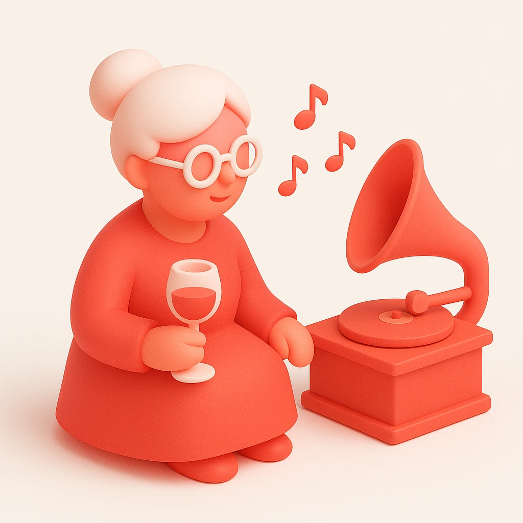 old lady with wineglass listening to gramophone emoji