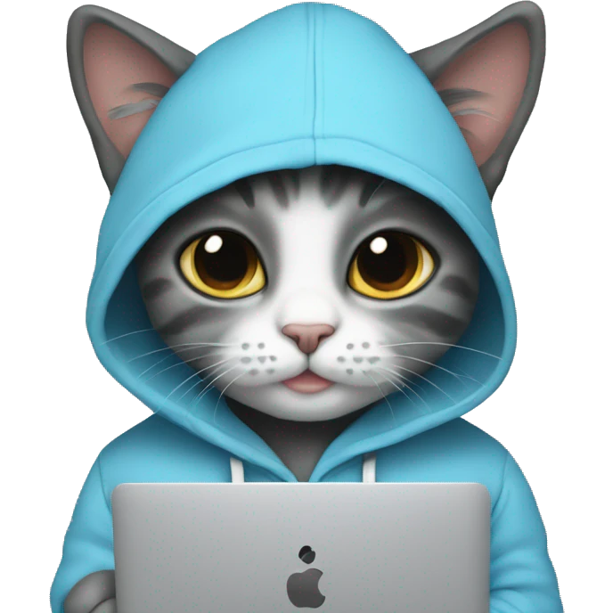 Cat wearing baby blue hoodie and a black MacBook emoji
