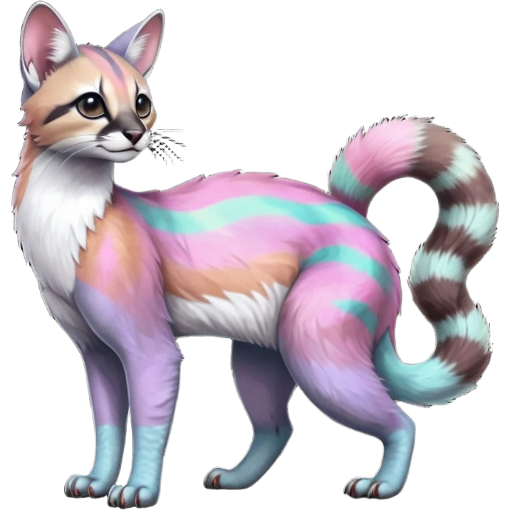 Colorful dark tropical pale light fruity pastel white glorious iridescent divine exotic cute cool beautiful beautiful fantasy-caracal-civet-genet-sergal-vernid-Cacomistle-Trico-oncilla-animal-Fakémon-hybrid-fursona (full body) emoji