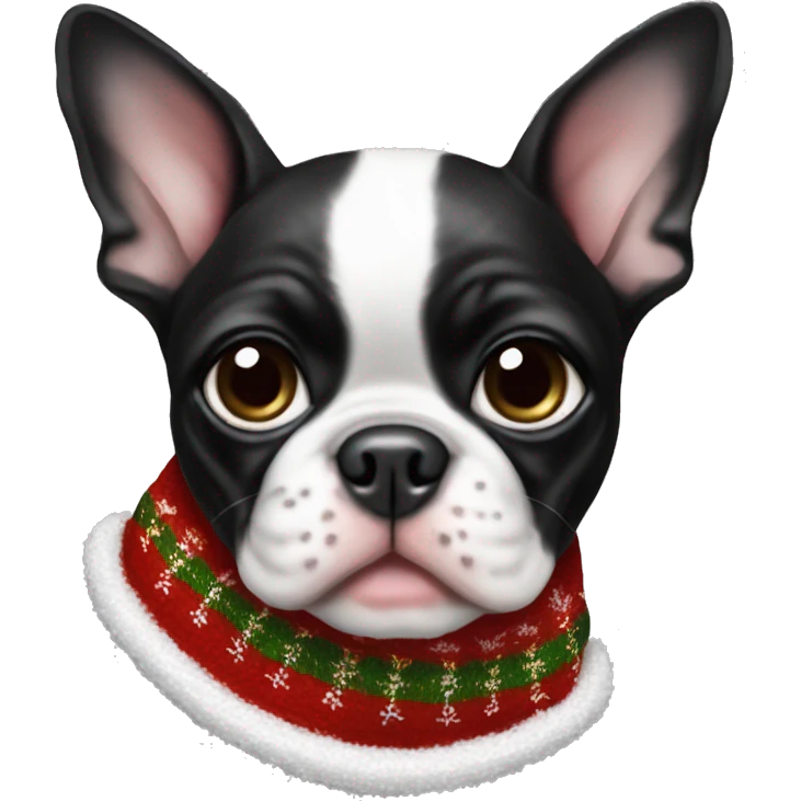 Boston terrier puppy wearing Christmas ugly sweater  emoji