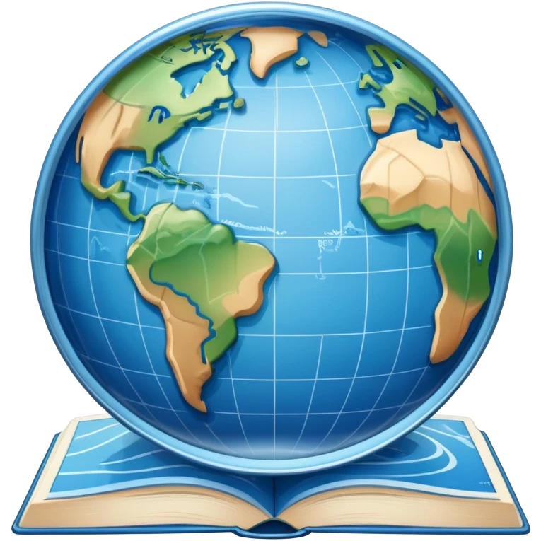 an icon featuring an earth with attitude and longitude lines, a textbook, and a topographic map, symbolizing geography as a science. The design includes a compass, mountain ranges, and rivers, representing the study of Earth's features and landscapes. Transparent background highlights geography. emoji