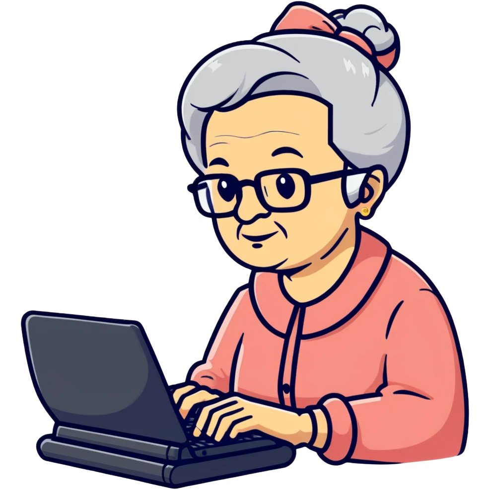 grandma typing on a computer on black background emoji