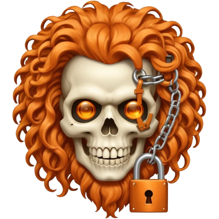 cinematic realistic steampunk Megadeth iconic skull mascot with a padlock in his teeth, orange curly huge hair emoji