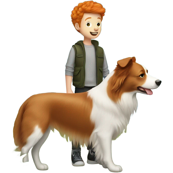 Ginger boy with ginger border collie dog in nature emoji