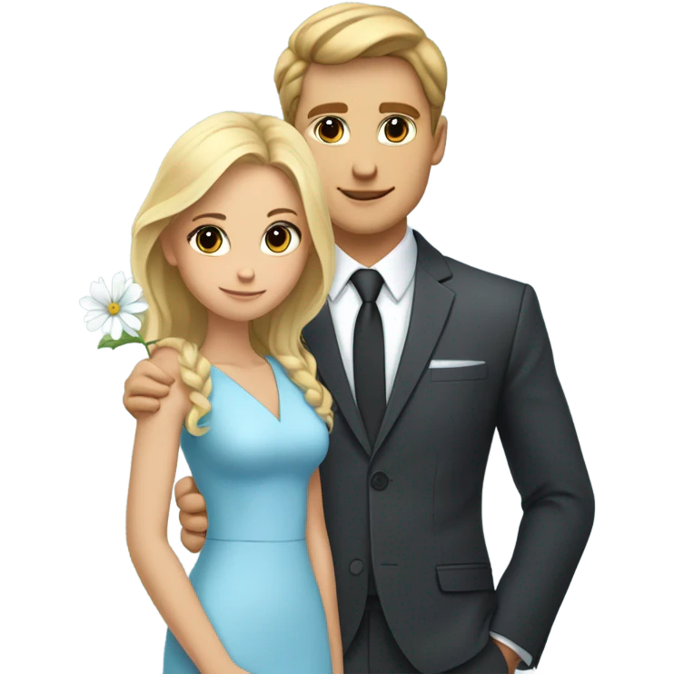 pretty blonde girl in light  blue dress with big breasts with a very cute brown haired boy in a black suit with a matching light blue tie with his arm around her and a white flower in his jacket pocket emoji