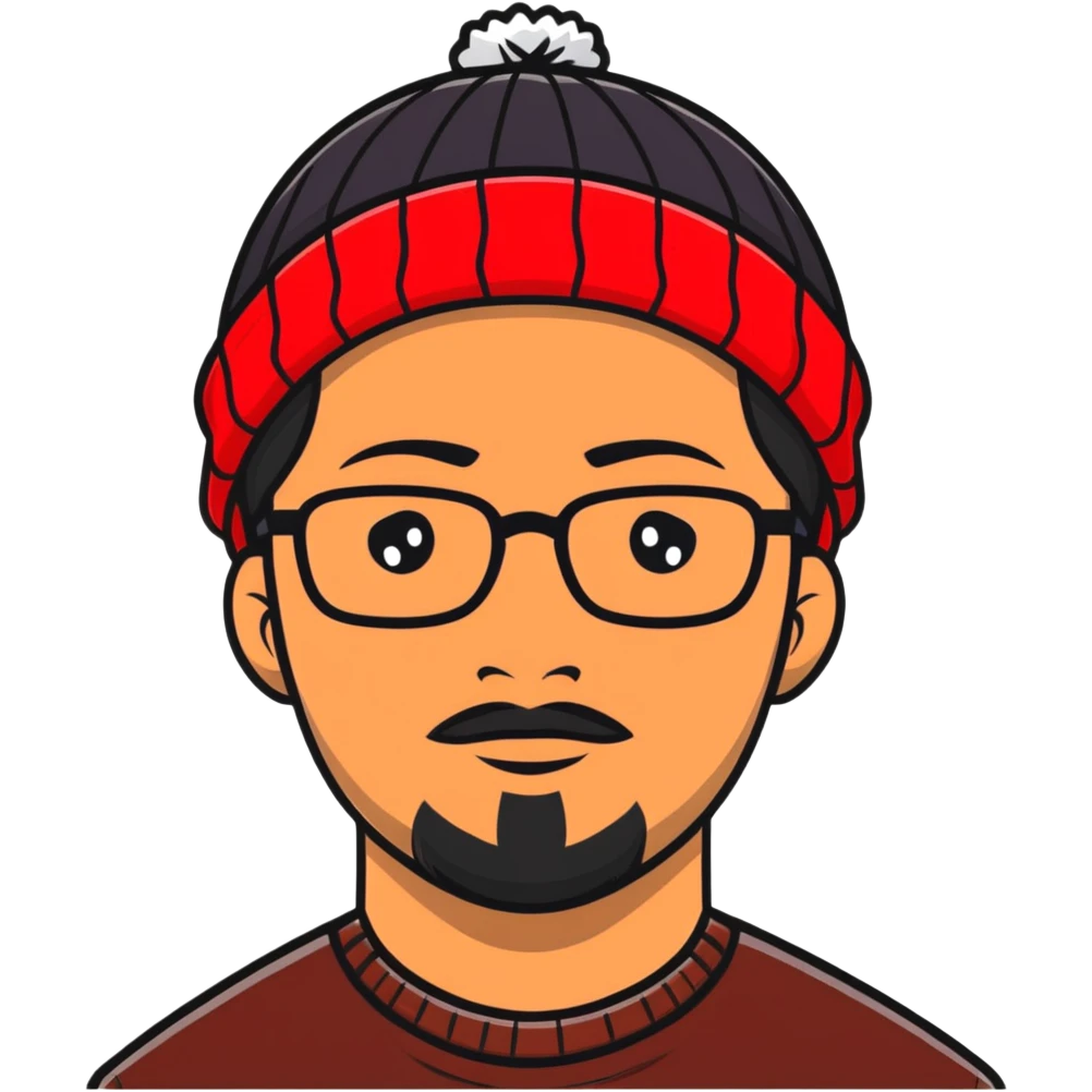 Asian man with black goatee, glasses, wearing a small red beanie emoji