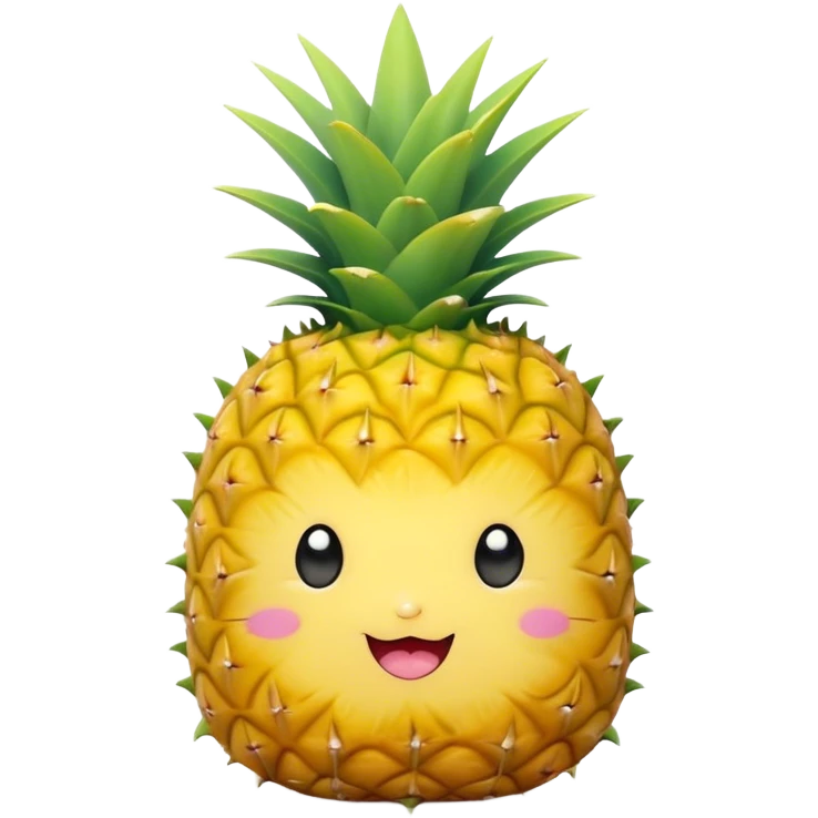 Cute Kawaii Pineapple, tiny and round, bright golden yellow with a spiky green top, chubby cheeks, playful winking expression, soft pastel textures, sweet and tropical vibes! emoji