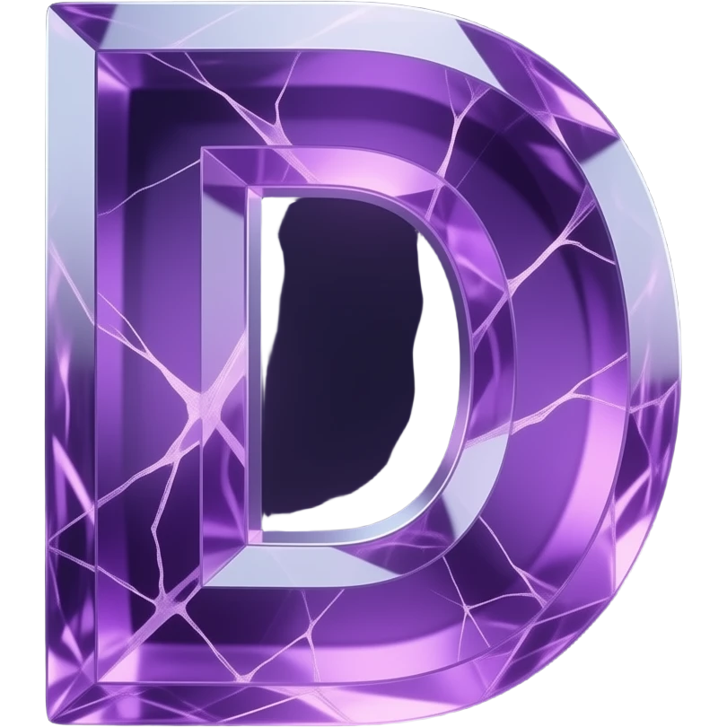 A hyper-realistic 3D letter 'D' carved from translucent purple amethyst, filled with glowing internal fractures. Volumetric lighting, cinematic glow, dark background, 8k resolution, emoji