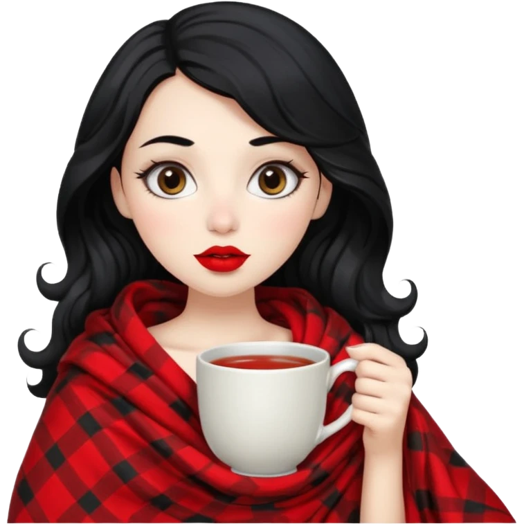 Long wavy Black haired, white skinned, black big eyed girl with red lipstick wrapped in a blanket, sipping tea emoji