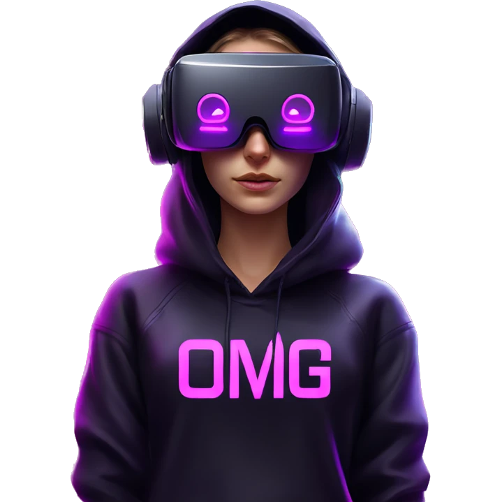 Russian girl wearing black hoody with violet letters "OMG", in vr headset. Cyberpunk style. Violet neon. emoji