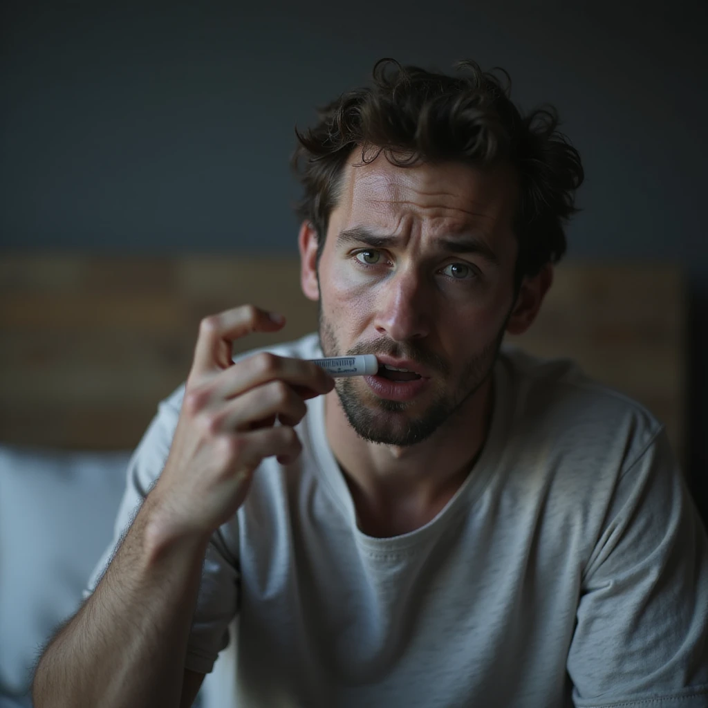 hyperrealistic 4K image of a man measuring his fever with a thermometer, anxious expression, sweaty face, bedroom emoji