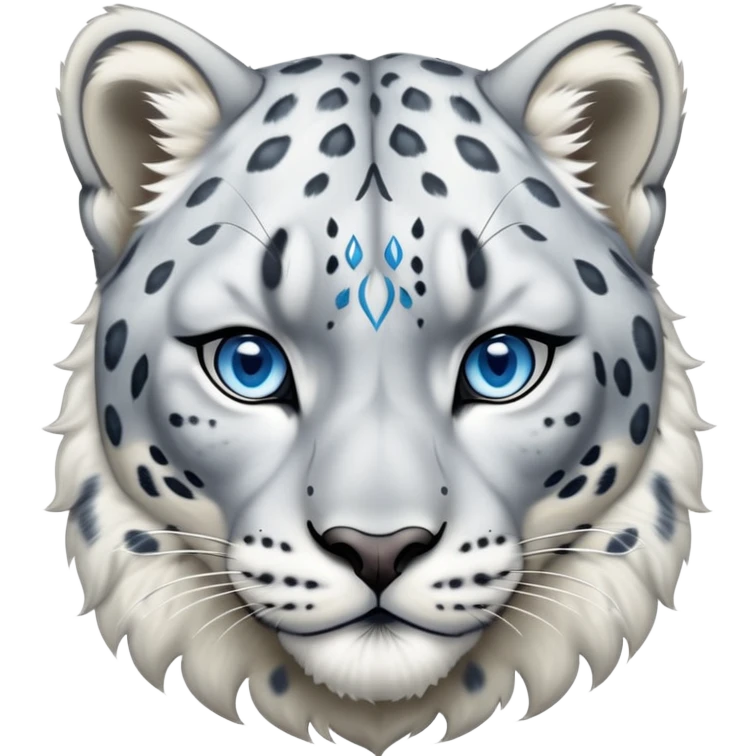 Cinematic-Noble-Snow-Leopard-Portrait-Emoji – Poised and majestic, with a muscular, agile build and a beautifully patterned coat of soft white and grey fur, marked with striking rosettes, deep-set, intelligent icy blue eyes, simplified yet sharp and sophisticated. zoomed out  emoji