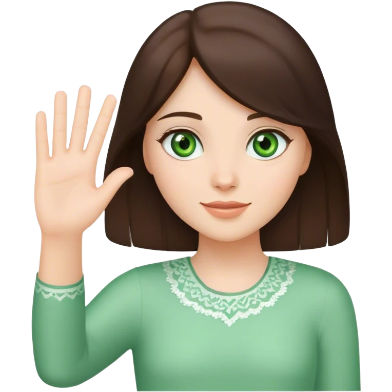 brunette girl with  with green eyes waving greeting with one hand emoji