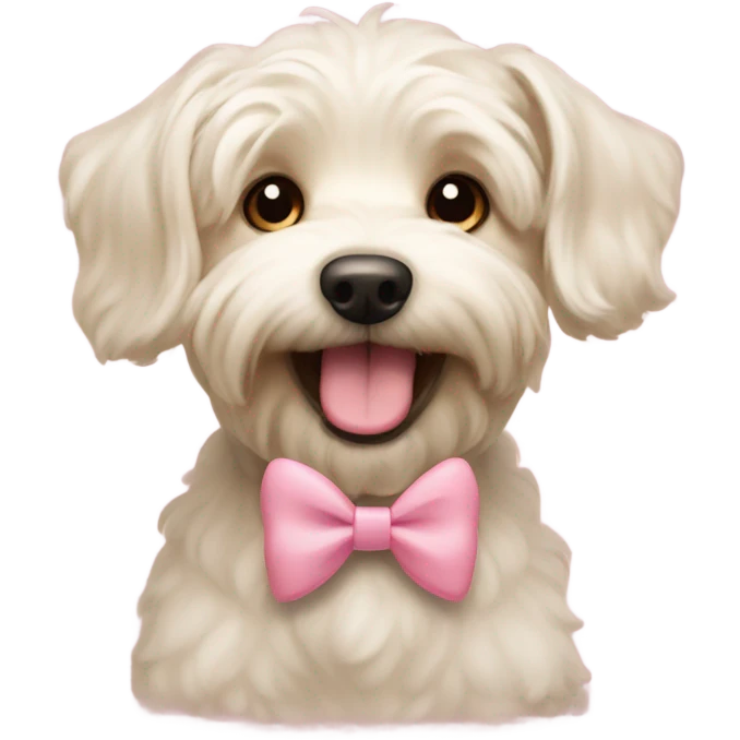 Cream westiepoo with light brown ears and muzzle smiling and sitting pretty with pink bows emoji