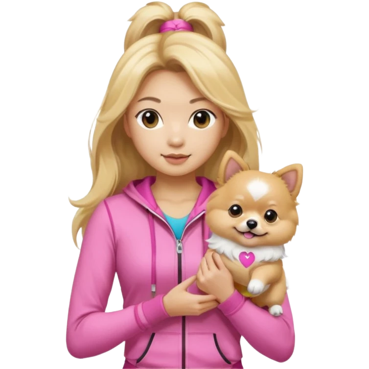 An Asian lady with long, blonde balayage hair, blonde highlights, wearing a pink gym outfit, holding a Pomeranian emoji