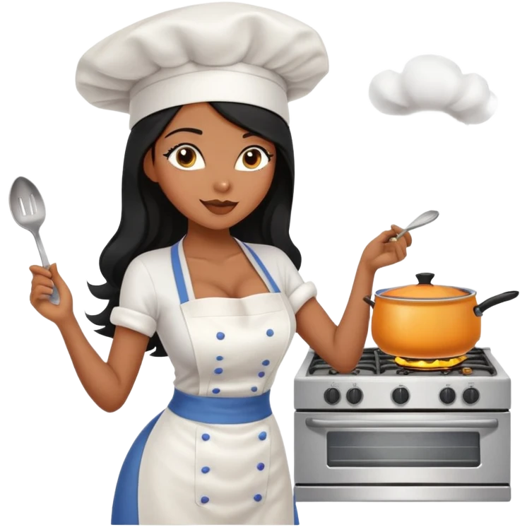 cooking stove with pot, black long hair tanned woman, bra, stockings, chef hat emoji