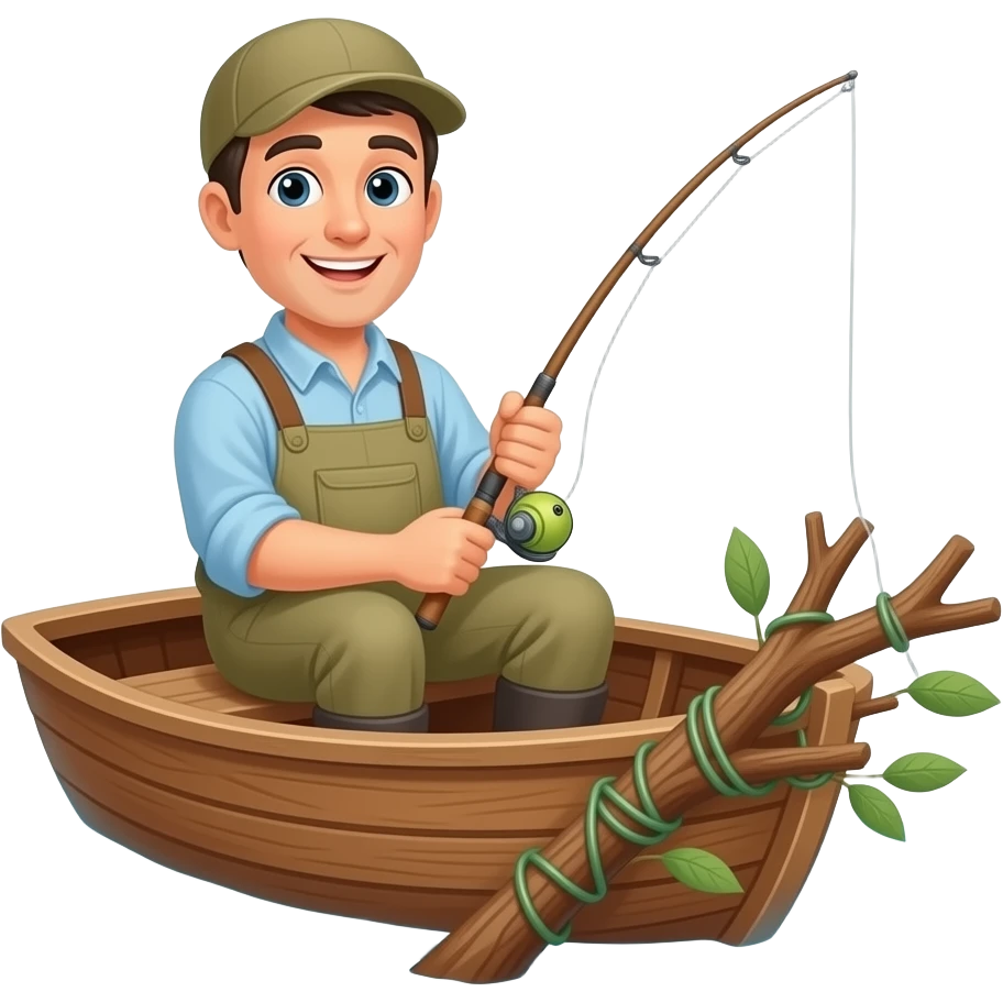 a fisherman in a boat with his line snagged on a tree emoji