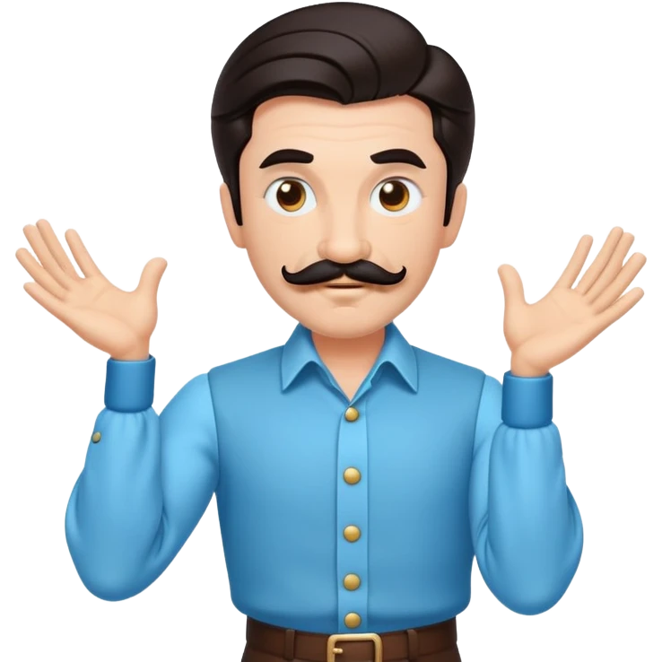 retro emoji-style character, dark brown slicked hair, thin handlebar mustache, exaggerated puffed light blue sleeves, theatrical deadpan expression, mimicking stiff-armed dance move emoji