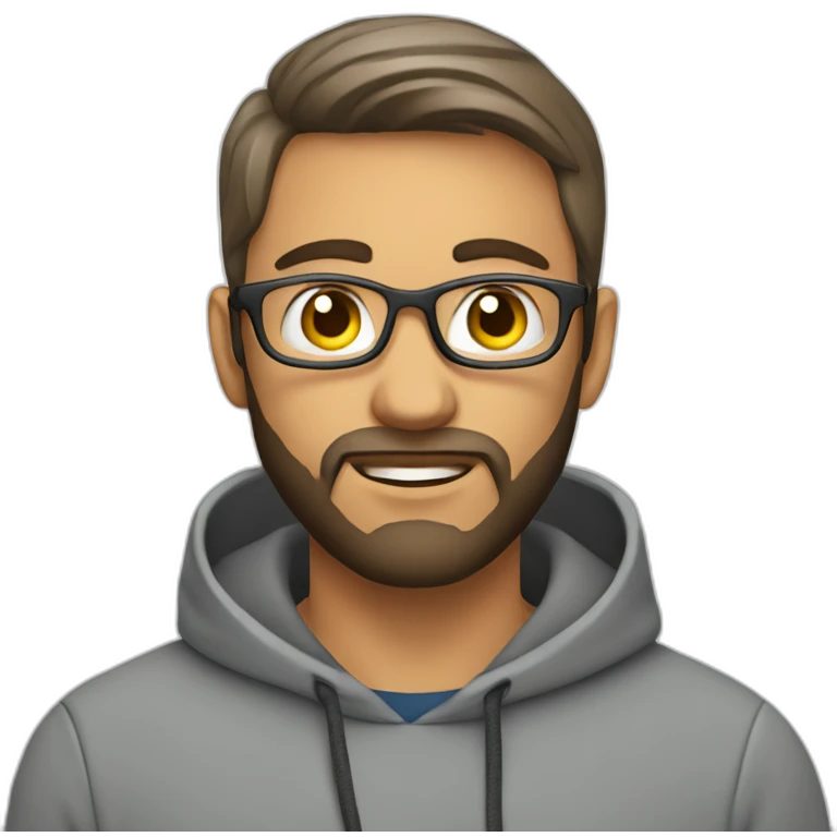 A project manager in a gray hoodie and with a short beard in front of an apple laptop emoji