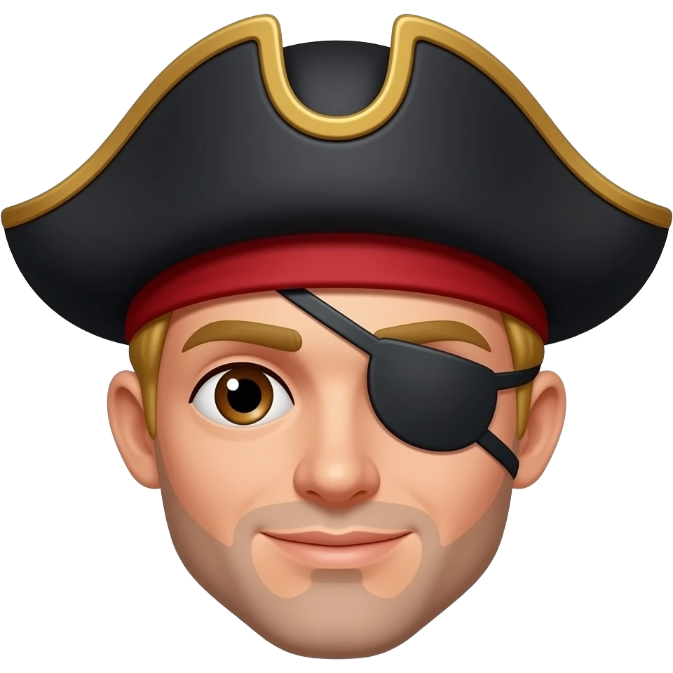 Pirata pelo corto rubio y blanco ojos cafés y parche en el ojo, barbilla solo en parte inferior no completa y gorro pirata emoji