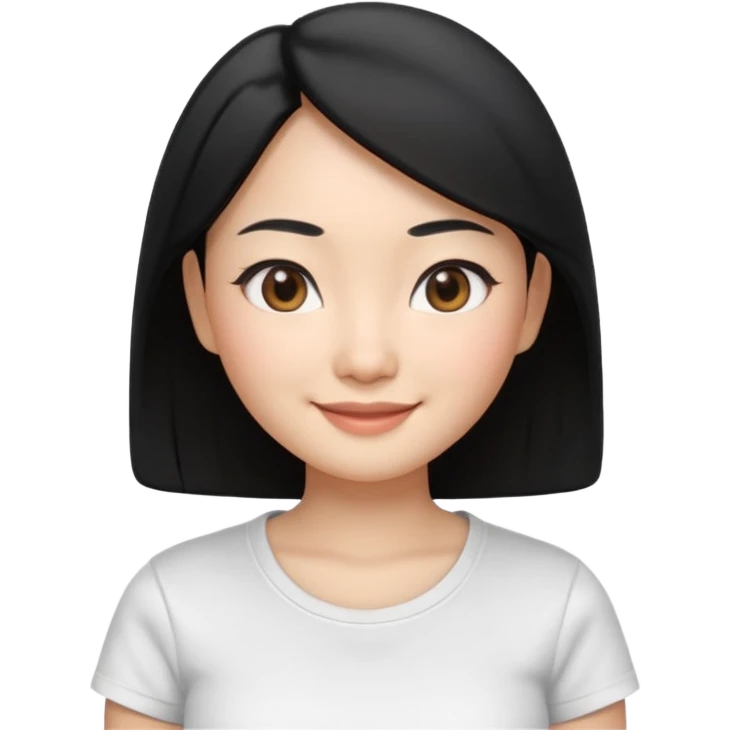 Apple Memoji style, young Asian woman, almond eyes, black hair,
smiling, smooth 3D render, soft gradients, white background,
square format, no text
 emoji