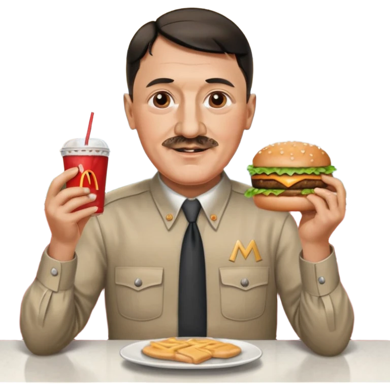 adolf hitler holding a big mac while sitting in a diner emoji