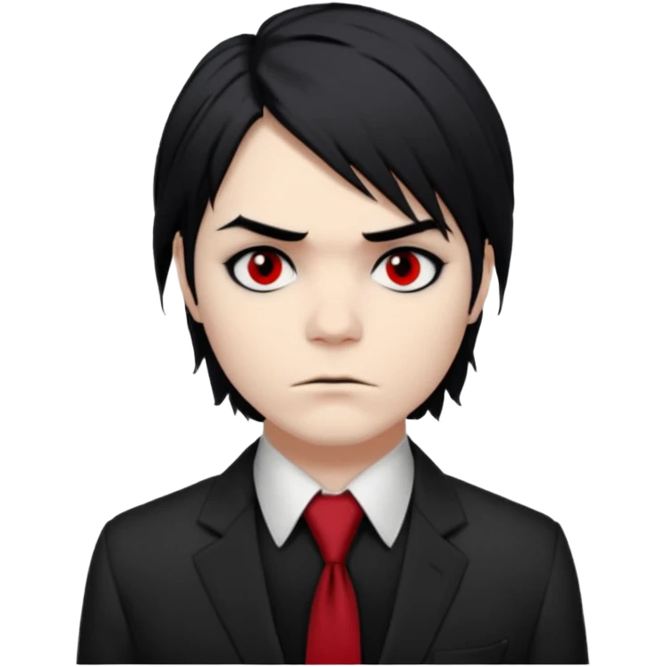 Gerard Way (Revenge Era)
Round, simplified emoji style
Pale skin tone dark eyes
-black, shoulder-length hair messy and emo
Heavy eyeliner and shadow under the eyes
Subtle serious face
Hint of red tie visible on black button up shirt.
Transparent background. Black eyeliner. Messy emo hair emoji