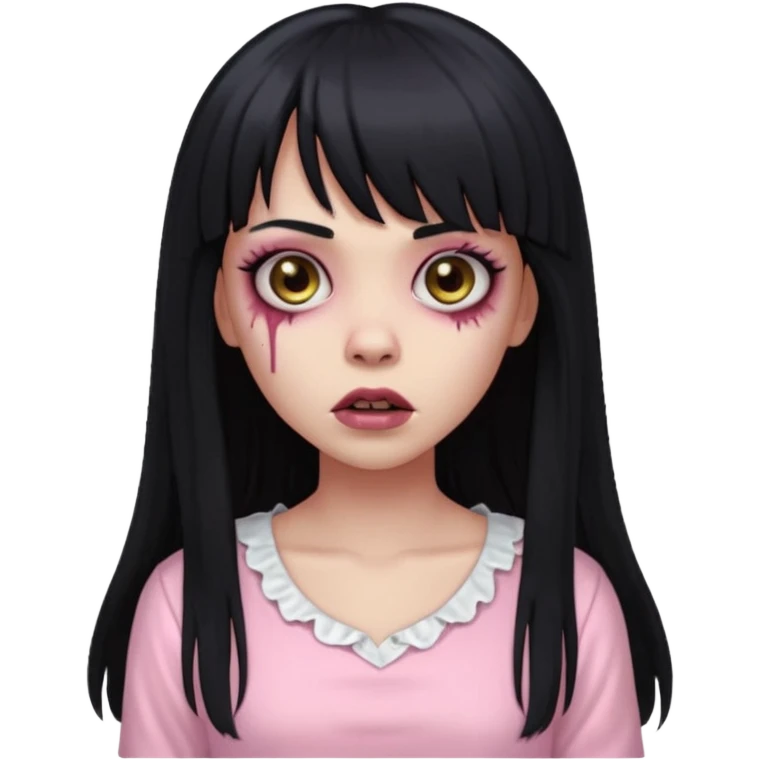 light-skinned black zombie girl with long black hair and bangs, wearing a light pink blouse emoji
