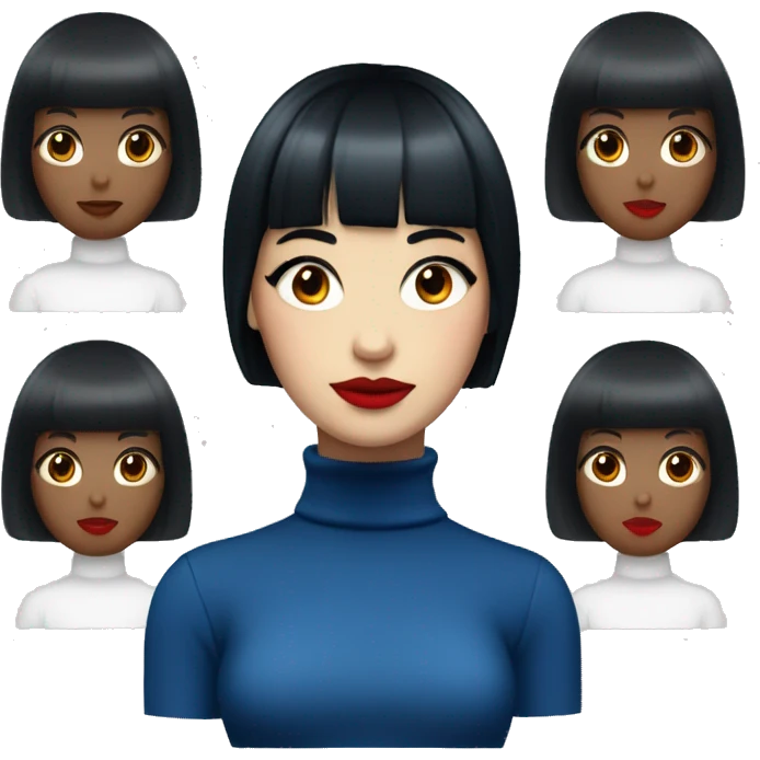 Girl with medium black blue hair and bangs, red lips, wearing a white turtleneck emoji