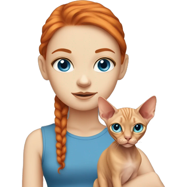 Skinny Girl with ginger hair and blue eyes with sphynx cat emoji