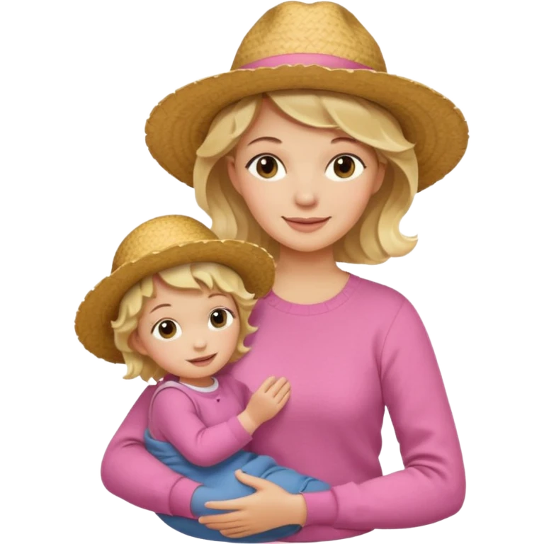 A cheerful wavy short blond hair mom in a straw hat carrying her child, wearing a pink sweater emoji