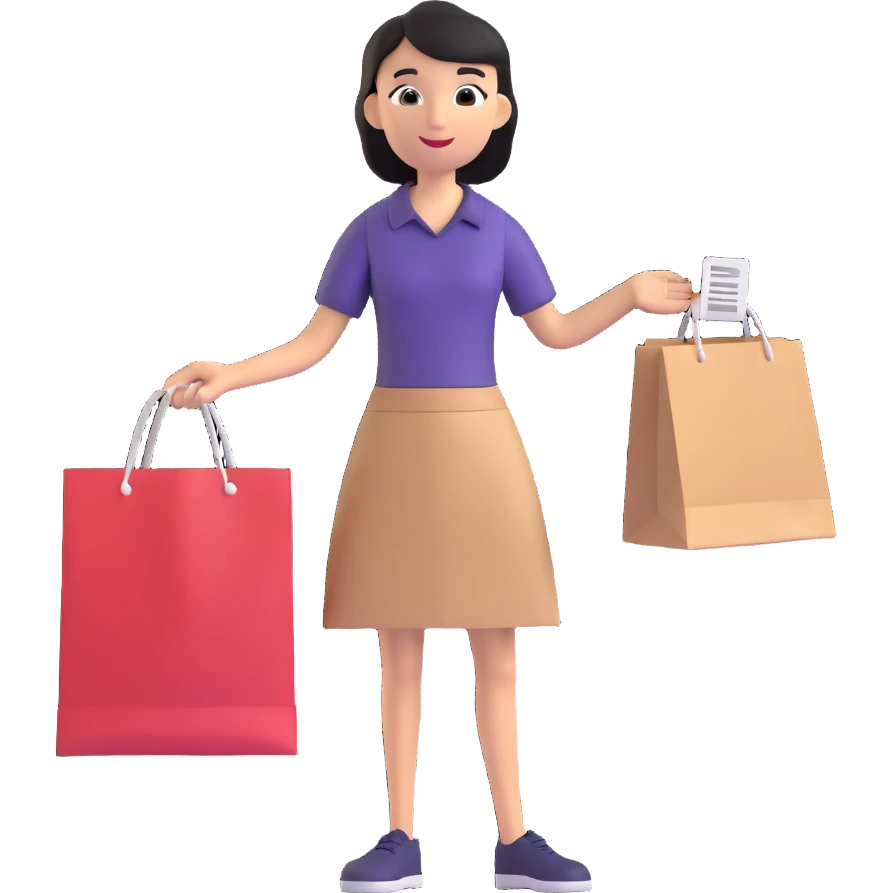 a person holding a shopping bag and a receipt emoji