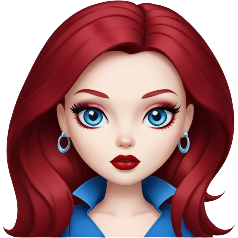 bratz pretty baddie, dark red hair, pale skin, long hair, blue eyes, makeup emoji